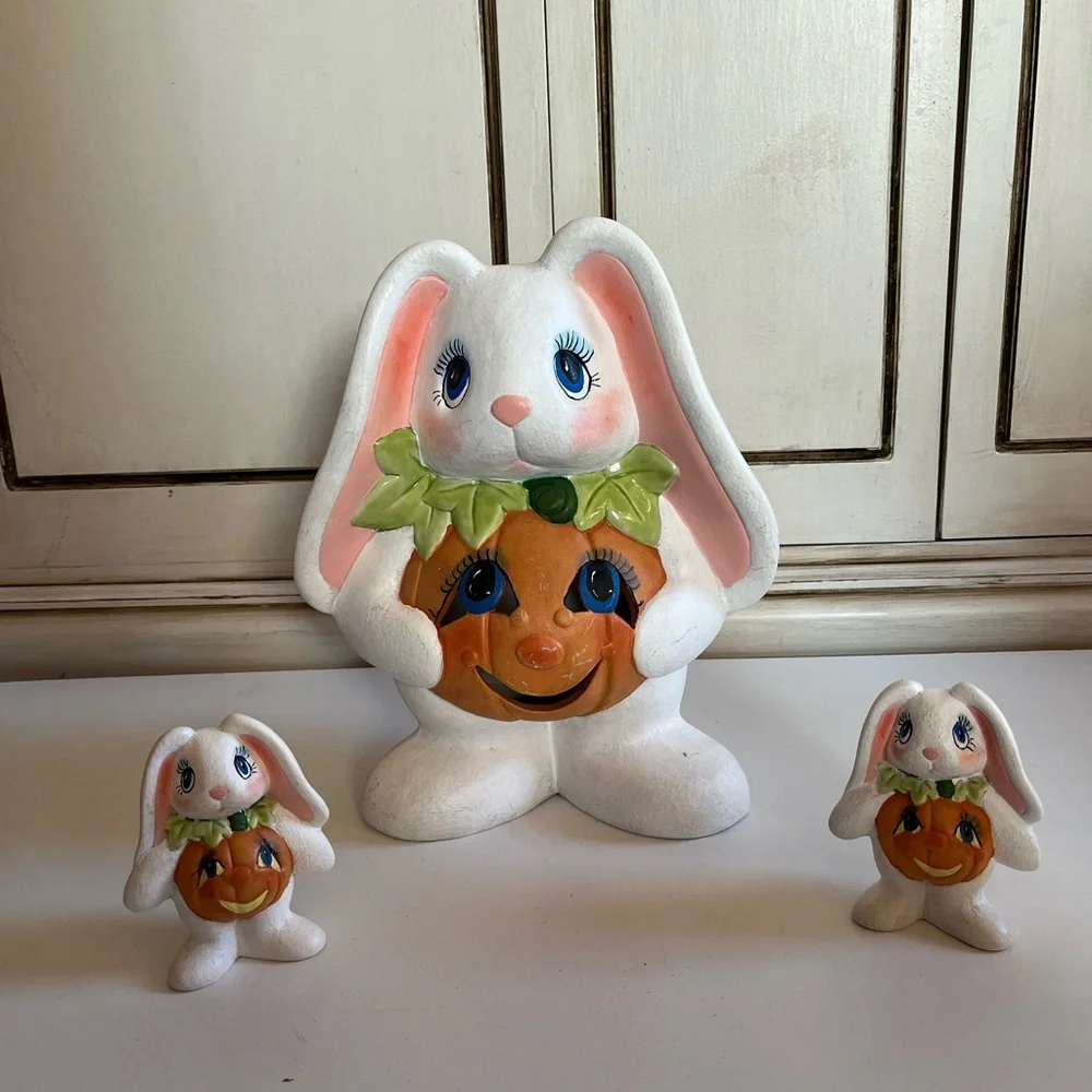 Vintage Easter Halloween Rabbit Bunny Figurines w/pumpkin stomach ceramic decor